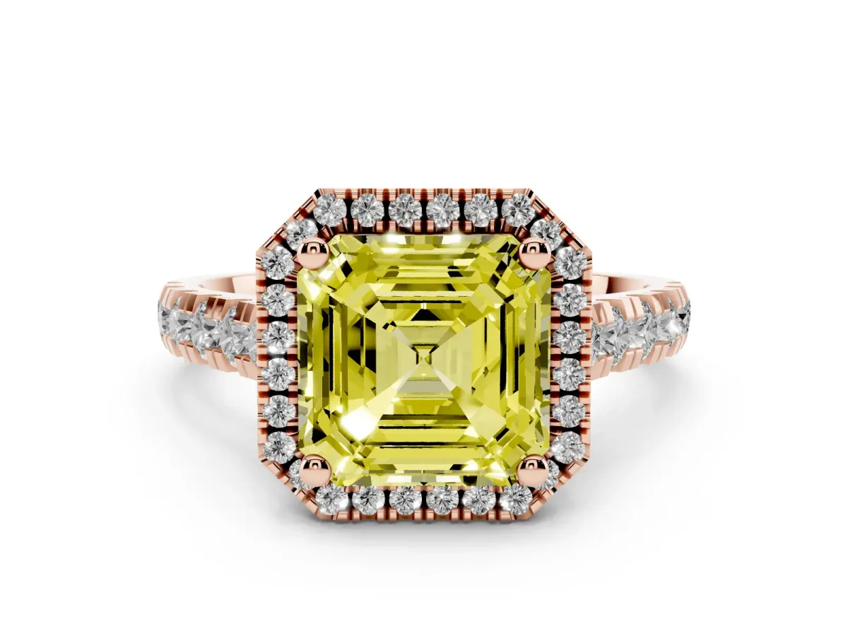 Fancy Yellow Asscher Cut Diamond Halo Engagement Ring Set in Rose gold with Pavé Band and Prong-Set Center