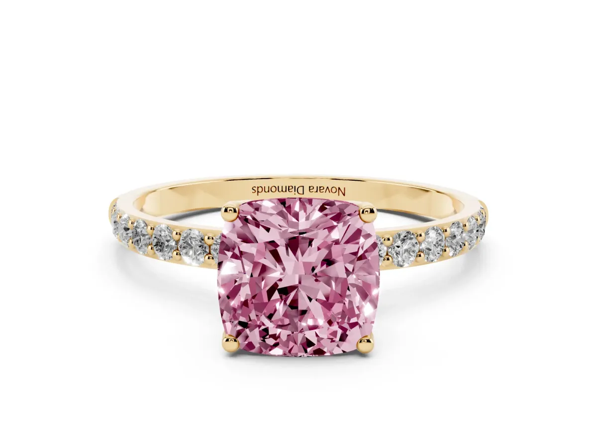 Fancy Pink Cushion Cut Diamond Solitaire Engagement Ring Set in Yellow gold with Round Pavé Band and Prong Setting