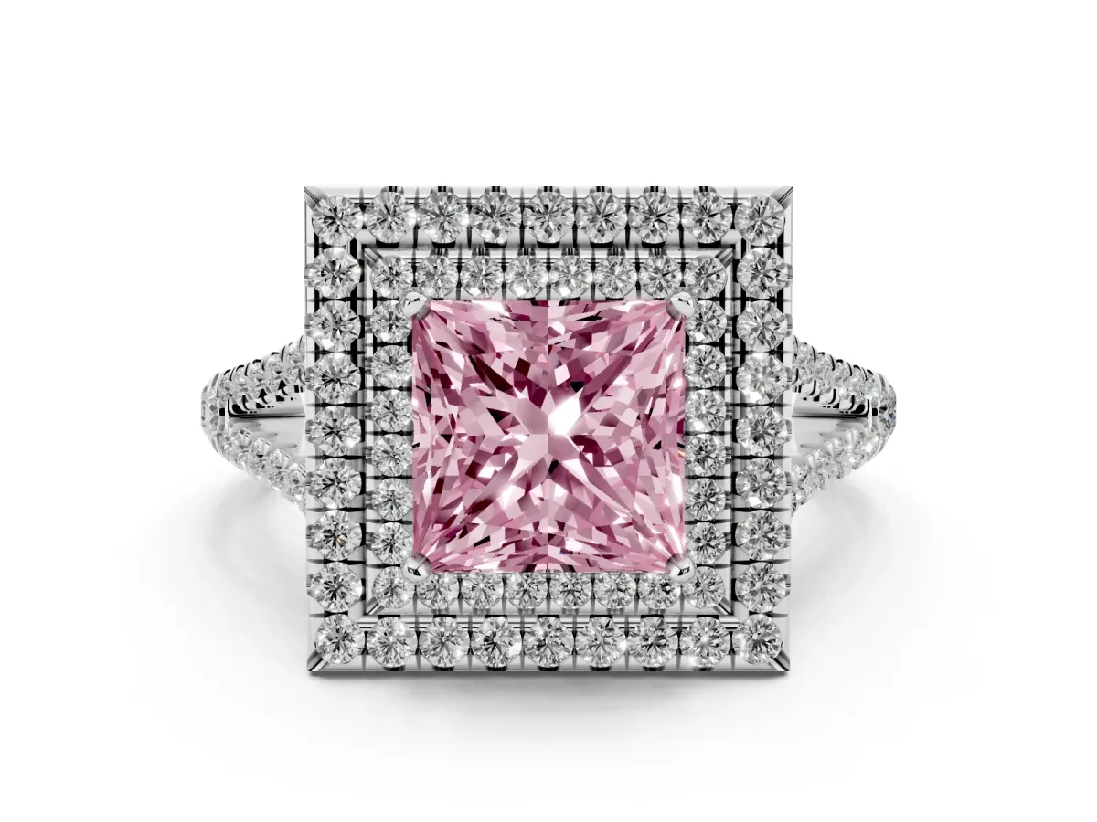 Fancy Pink Princess Cut Diamond Double Halo Ring Set in Platinum with Pavé Band