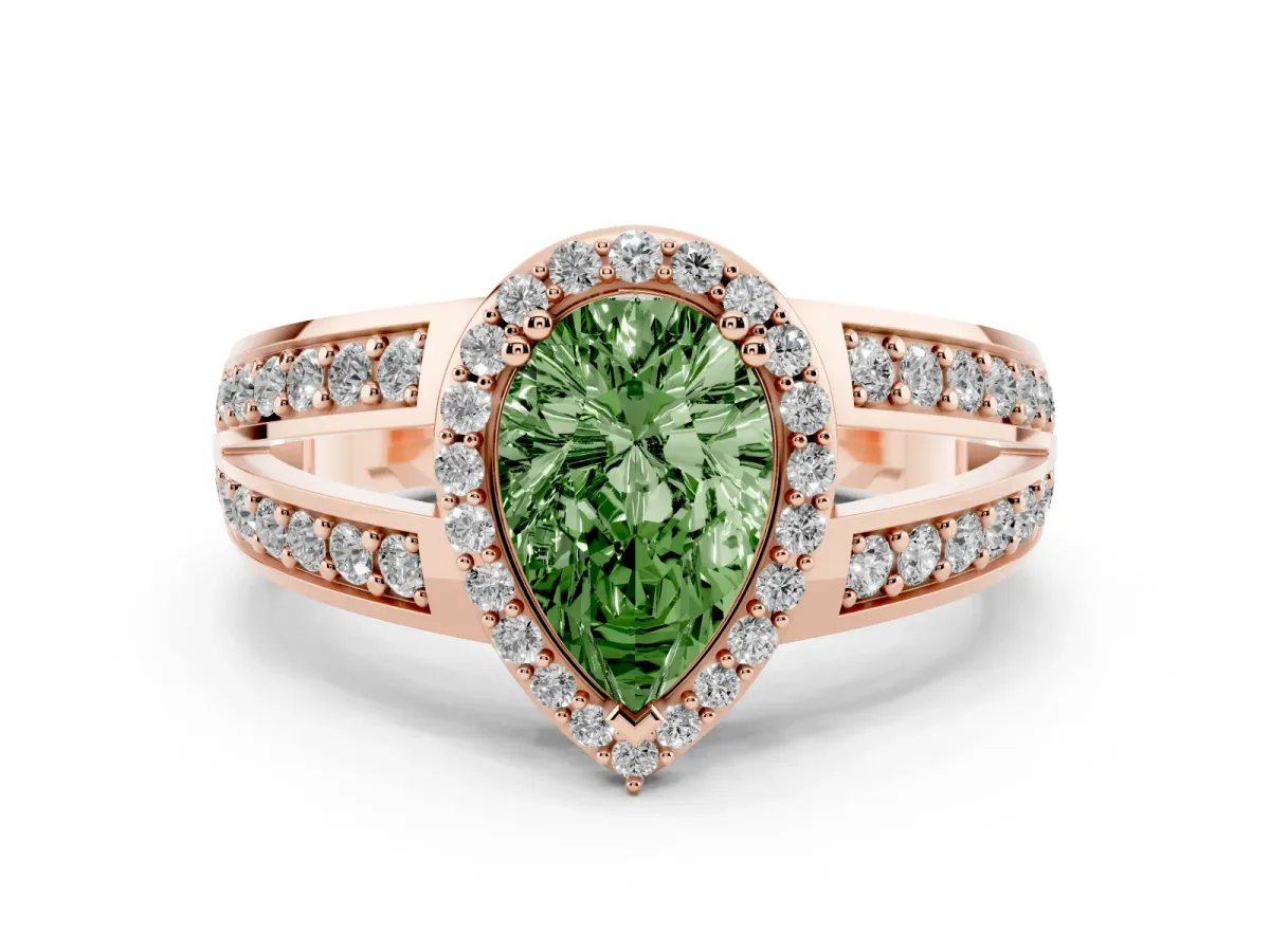 Fancy Green Pear Cut Diamond Halo Ring Set in Rose gold with Double Pavé Split Shank