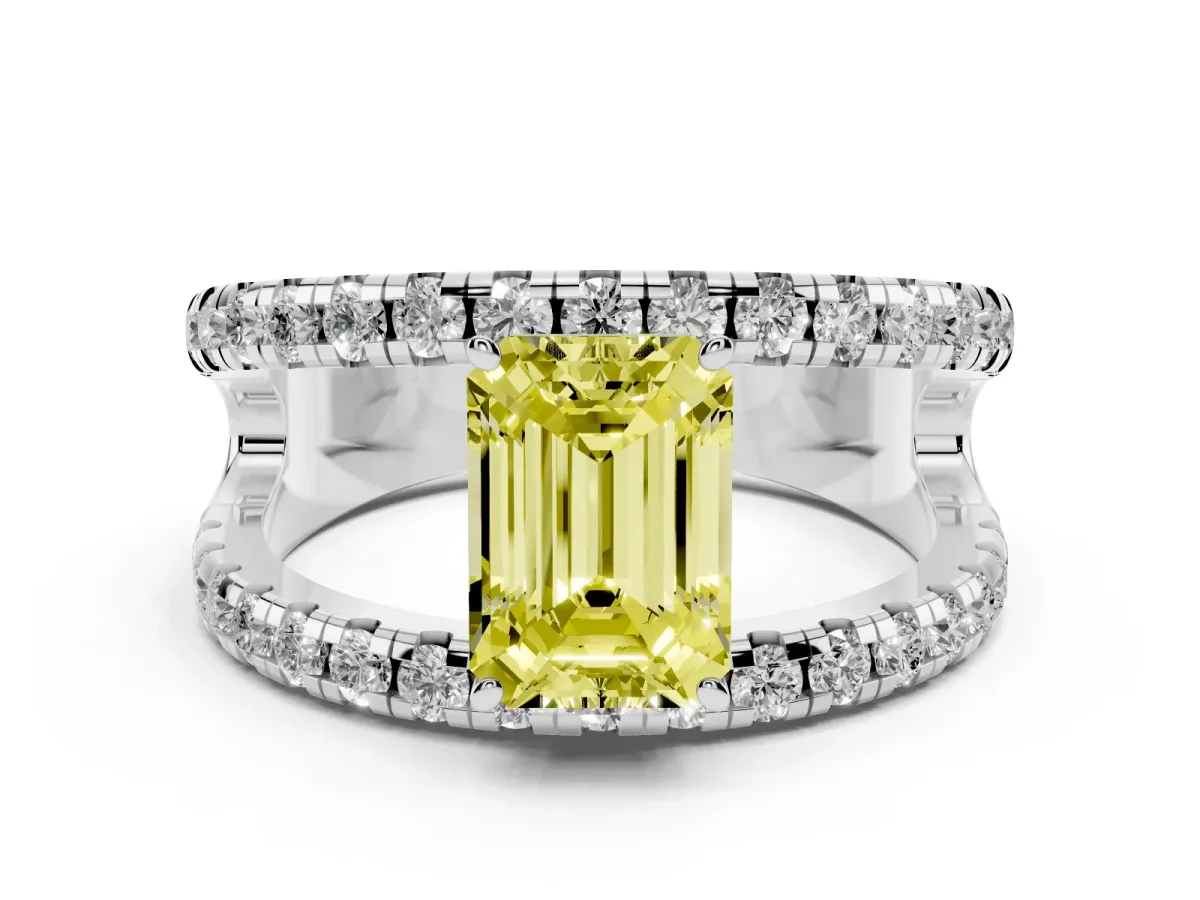 Fancy Yellow Emerald Cut Diamond Split Shank Pavé Solitaire Ring Set in Silver with Open Shank Design