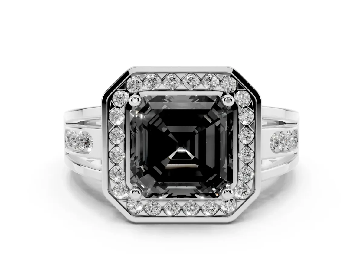 Fancy Black Asscher Cut Diamond Halo Ring Set in Platinum with Pavé and Bezel Accent Split Shank