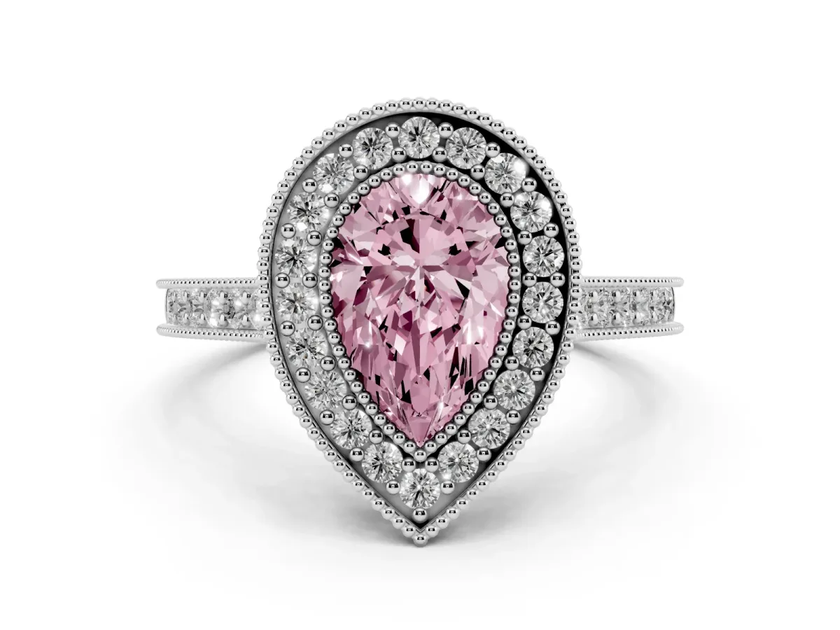 Fancy Pink Pear Cut Diamond Halo Milgrain Pavé Band Ring Set in Platinum with Prong Setting