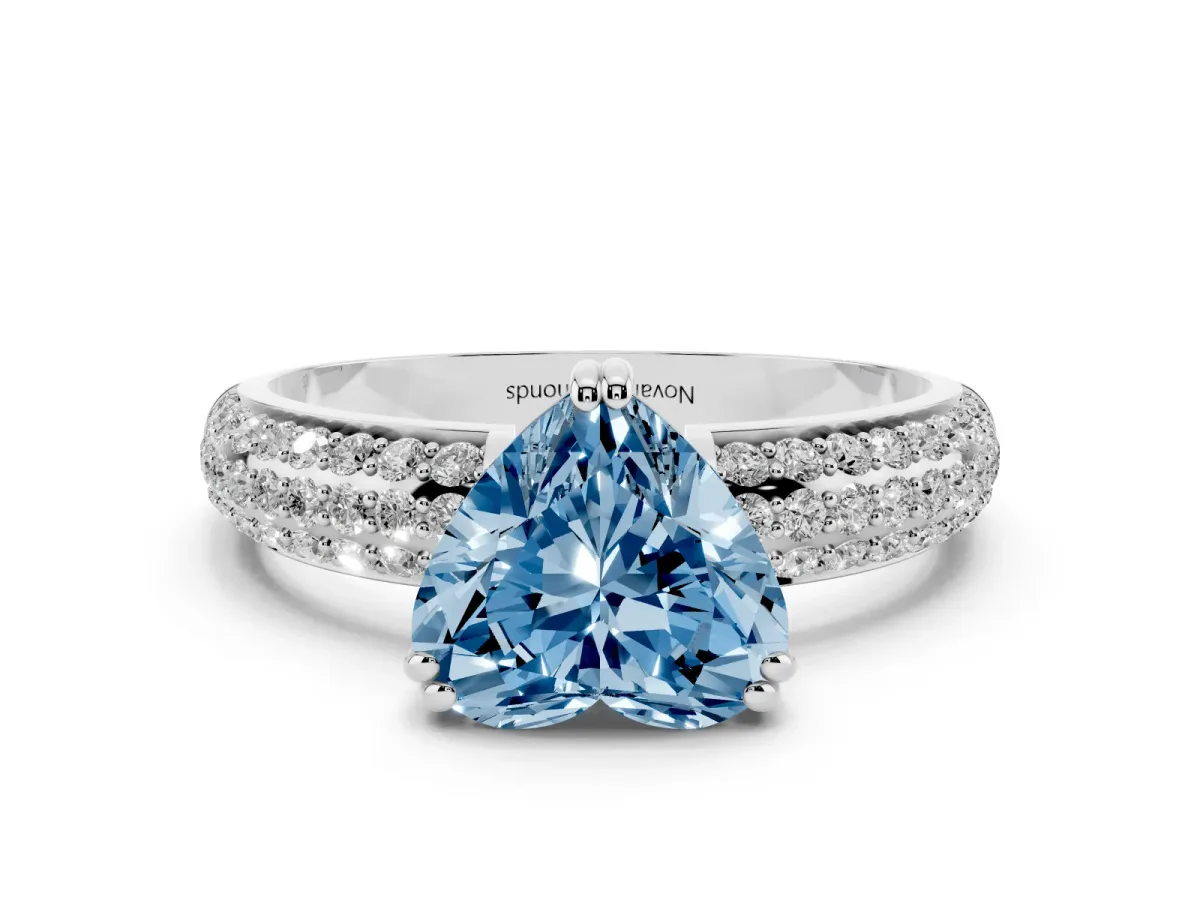Fancy Blue Heart Cut Diamond Solitaire Ring Set in Silver with Multi-Row Round Pavé Band and Prong Setting