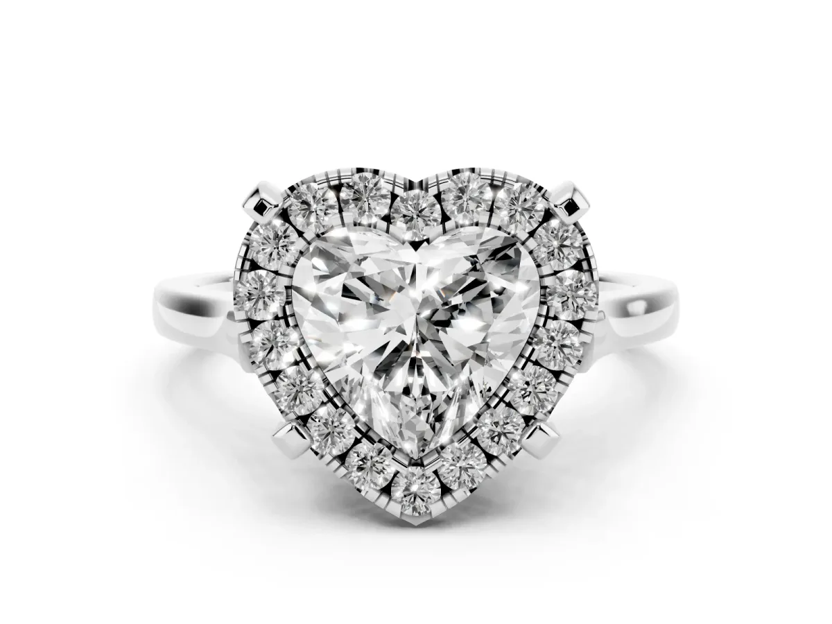 Heart Cut Diamond Cluster Halo Solitaire Ring Set in White gold with Prong Setting