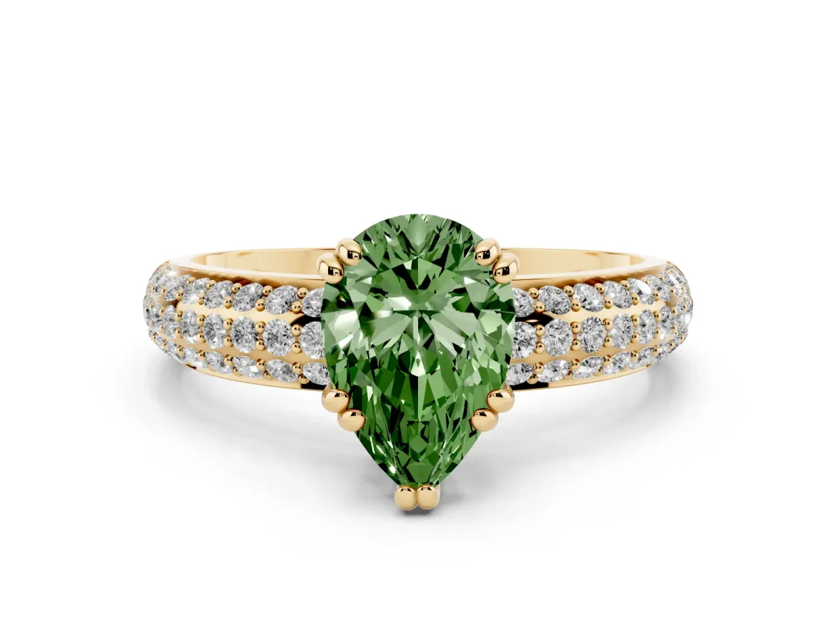Fancy Green Pear Cut Diamond Solitaire Ring Set in Yellow gold with Multi-Row Round Pavé Band and Prong Setting
