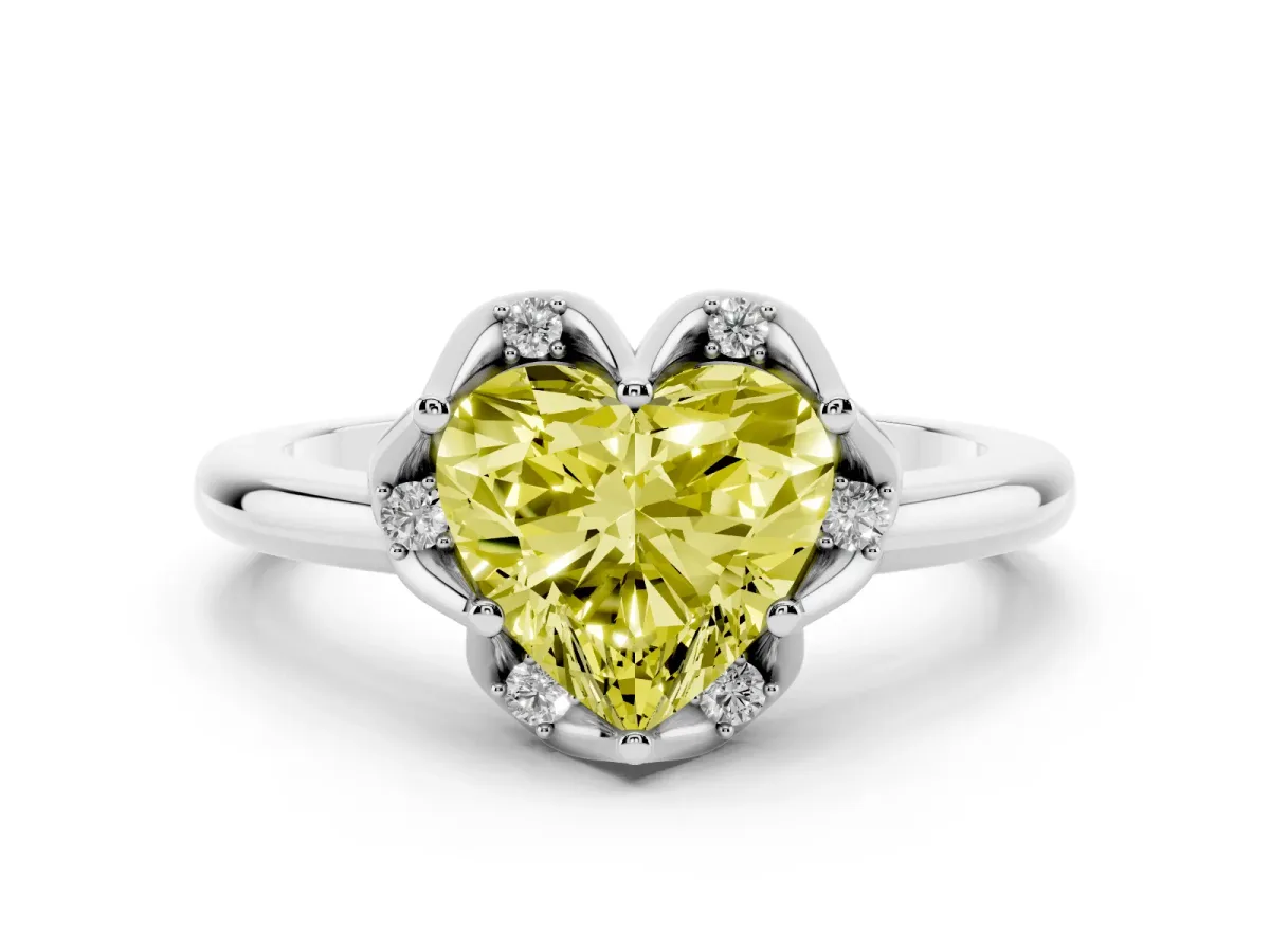 Fancy Yellow Heart Cut Diamond Round Cluster Halo Ring Set in Platinum with Solitaire Band and Prong Setting
