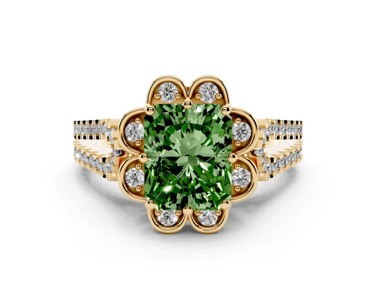 Fancy Green Radiant Cut Diamond Floral Halo Split Shank Engagement Ring Set in Yellow gold with Pavé Shank