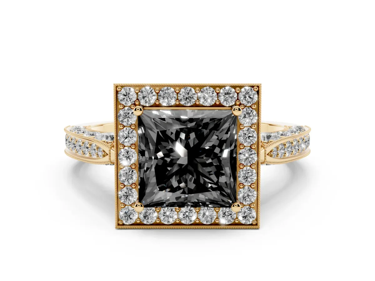 Fancy Black Princess Cut Diamond Halo Engagement Ring Set in Yellow gold with Accent Split Shank Band