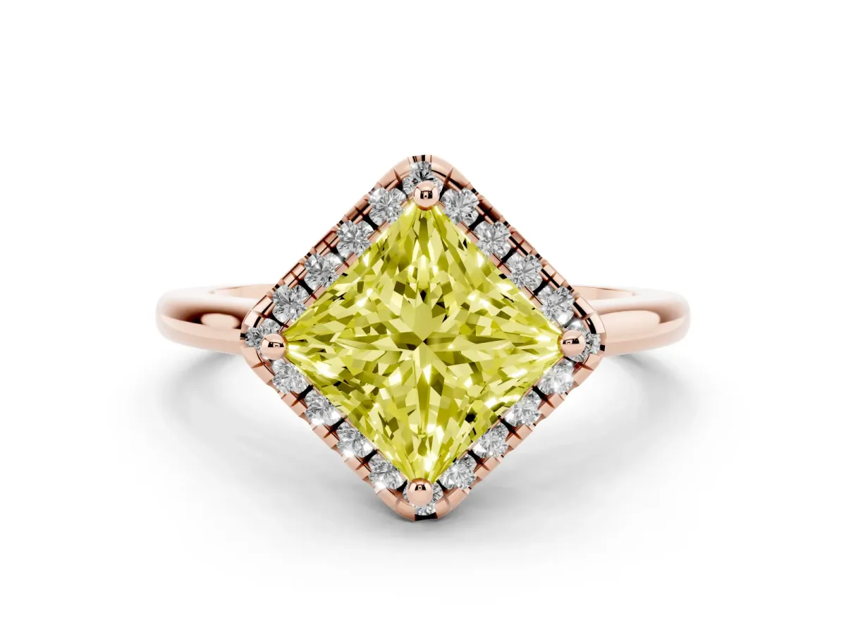 Fancy Yellow Princess Cut Diamond Halo Engagement Ring Set in Rose gold with Pavé Band and Rising Shoulders