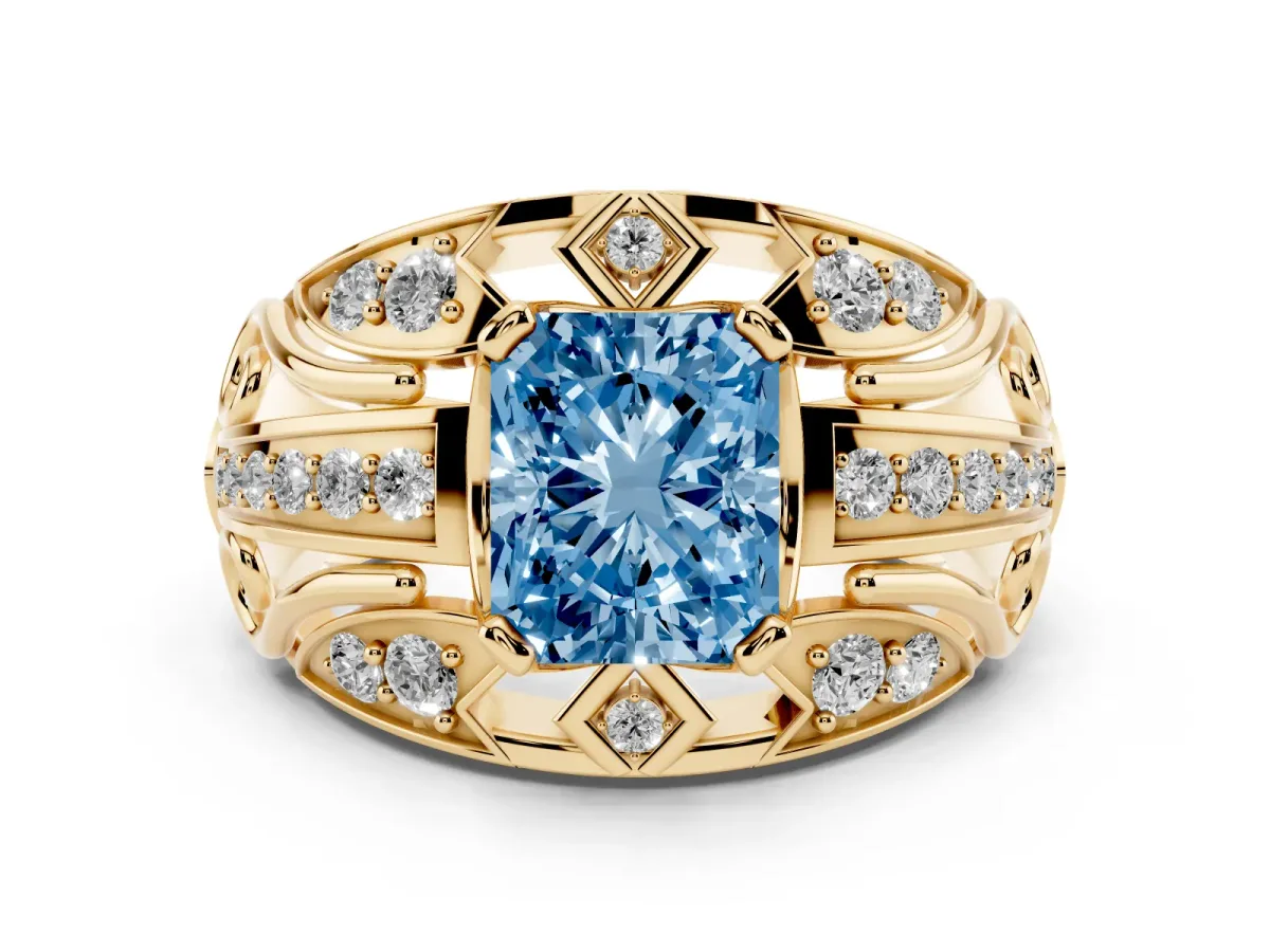 Fancy Blue Radiant Cut Diamond Art Deco Ring Set in Yellow gold with Pavé Split Shank