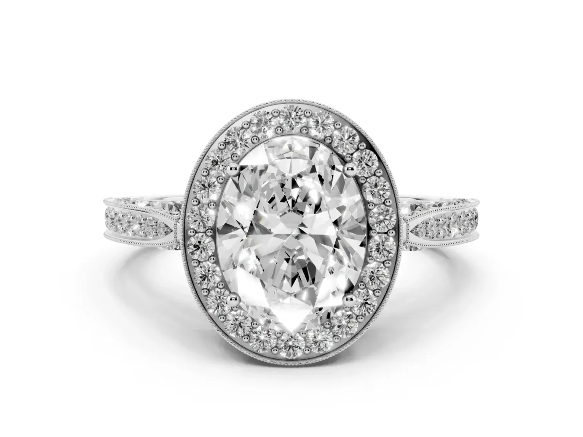 Oval Cut Diamond Halo Engagement Ring Set in White gold with Accent Split Shank Band