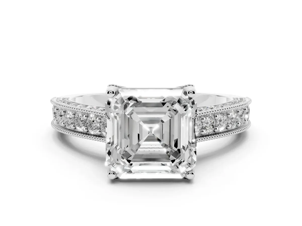 Asscher Cut Diamond Solitaire Ring Set in Platinum with Milgrain-Edged Pavé Band and Prong Setting