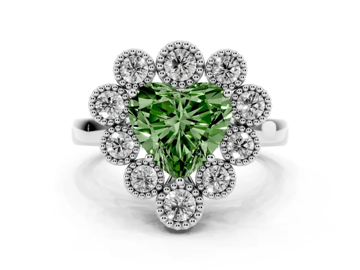 Fancy Green Heart Cut Diamond Cluster Halo Ring Set in Platinum with Milgrain Bezel Accents and Plain Band