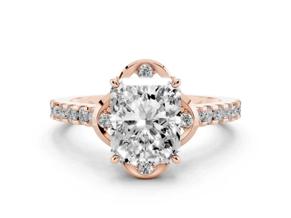Radiant Cut Diamond Solitaire Ring Set in Rose gold with Pavé Band and Floral Prong Setting