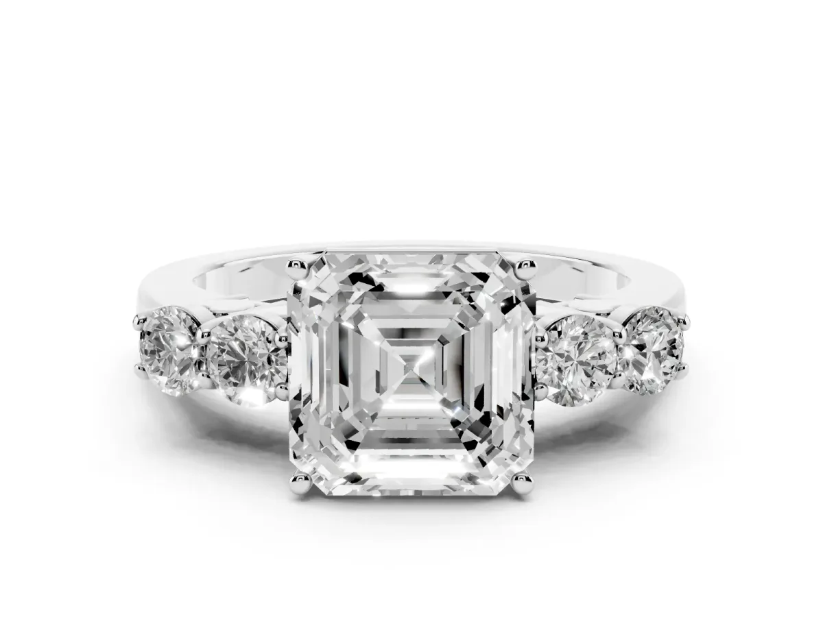 Asscher Cut Diamond Five-Stone Prong Set Band Ring Set in Platinum with Polished Band