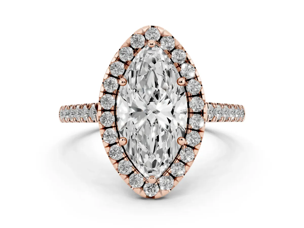 Marquise Cut Diamond Pavé Halo Engagement Ring Set in Rose gold with Pavé Band and Prong Setting