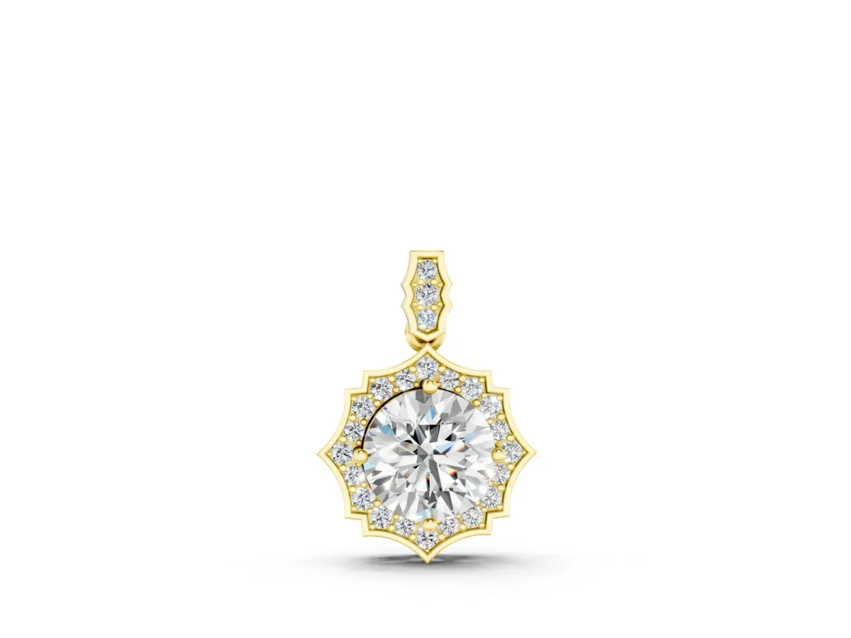 Round Diamond Halo Pendant Set in Yellow gold with Milgrain Prong Setting