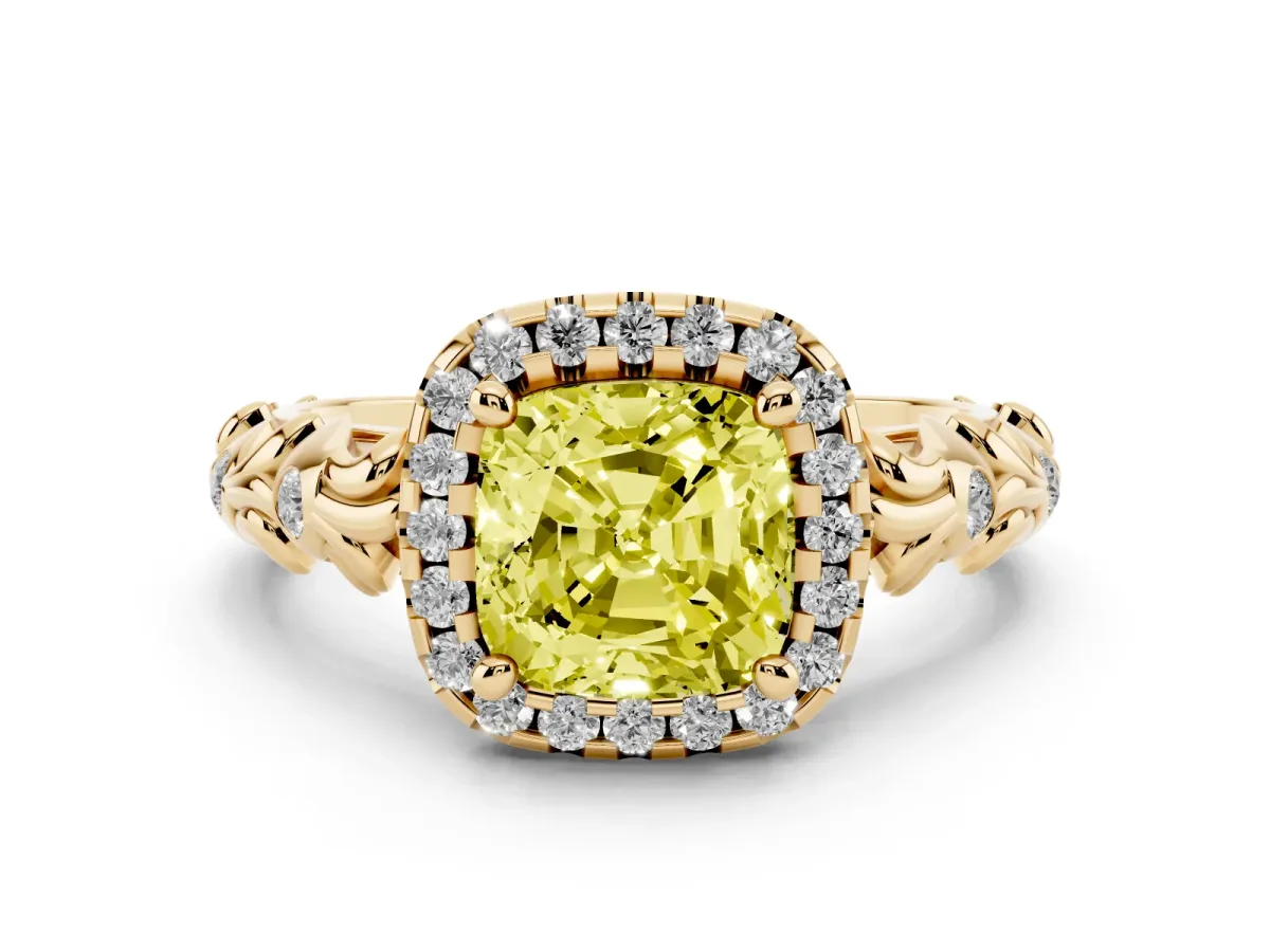 Fancy Yellow Cushion Cut Diamond Halo Ring Set in Yellow gold with Filigree Leaf Band and Prong Setting