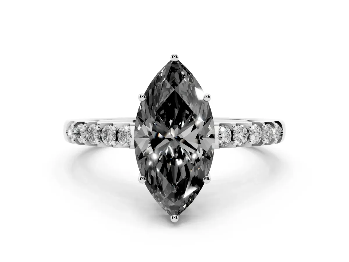 Fancy Black Marquise Cut Diamond Solitaire Engagement Ring Set in Platinum with Pavé Band and Prong Setting