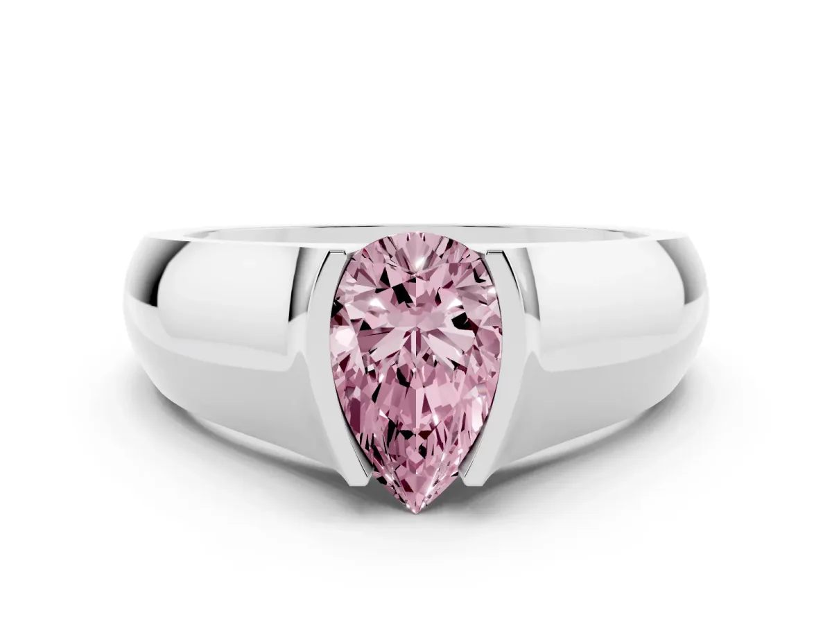 Fancy Pink Pear Cut Diamond Bezel Solitaire Ring Set in White gold with Wide Band