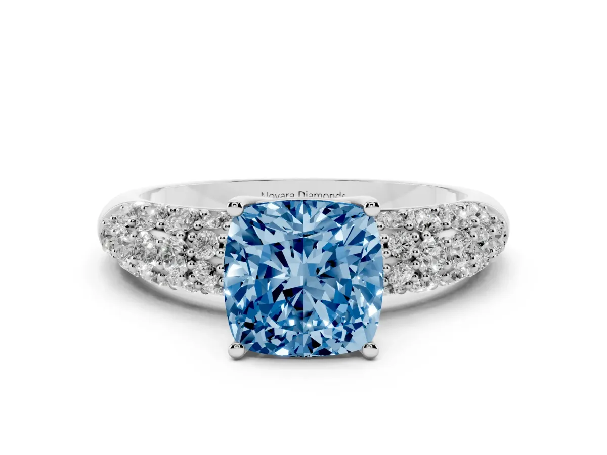 Fancy Blue Cushion Cut Diamond Pavé Band Solitaire Ring Set in Silver with Close-Set Accent Stones and Prong Setting