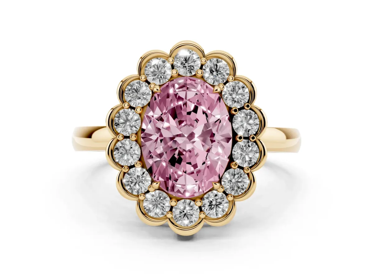 Fancy Pink Oval Cut Diamond Halo Cluster Engagement Ring Set in Yellow gold with Solitaire Band and Prong Setting