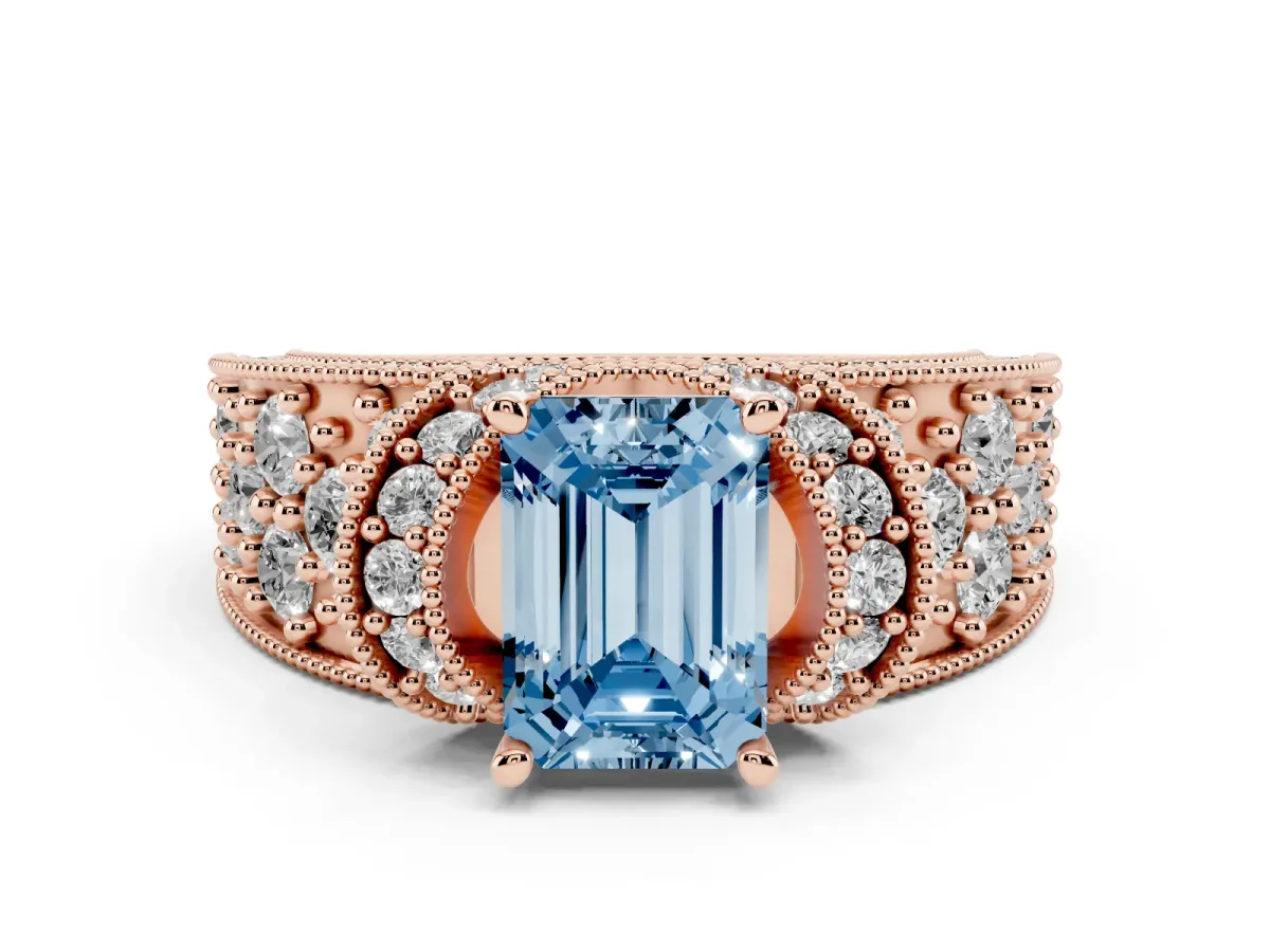 Fancy Blue Emerald Cut Diamond Milgrain Halo Pavé Engagement Ring Set in Rose gold with Prong Setting