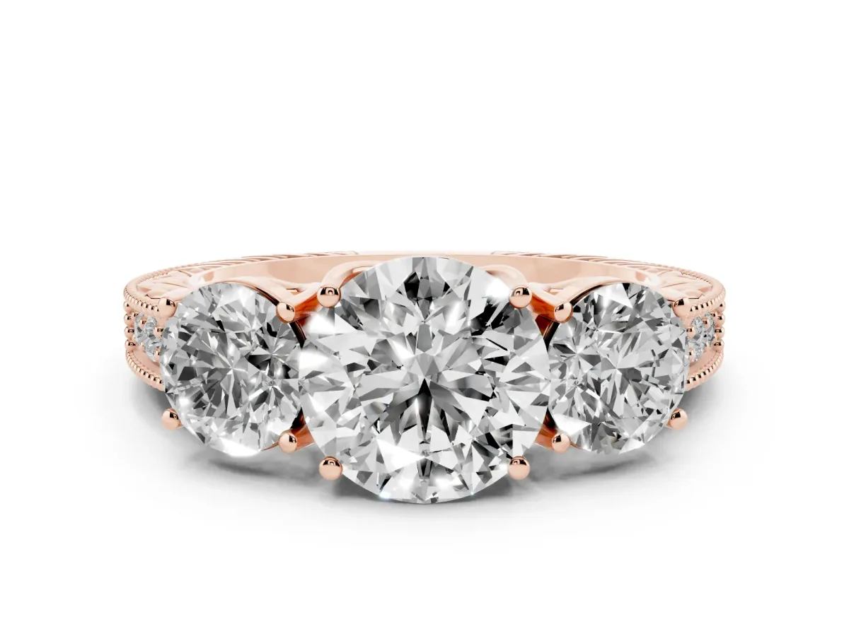 Round Cut Diamond Three-Stone Engagement Ring Set in Rose gold with Milgrain Pavé Band