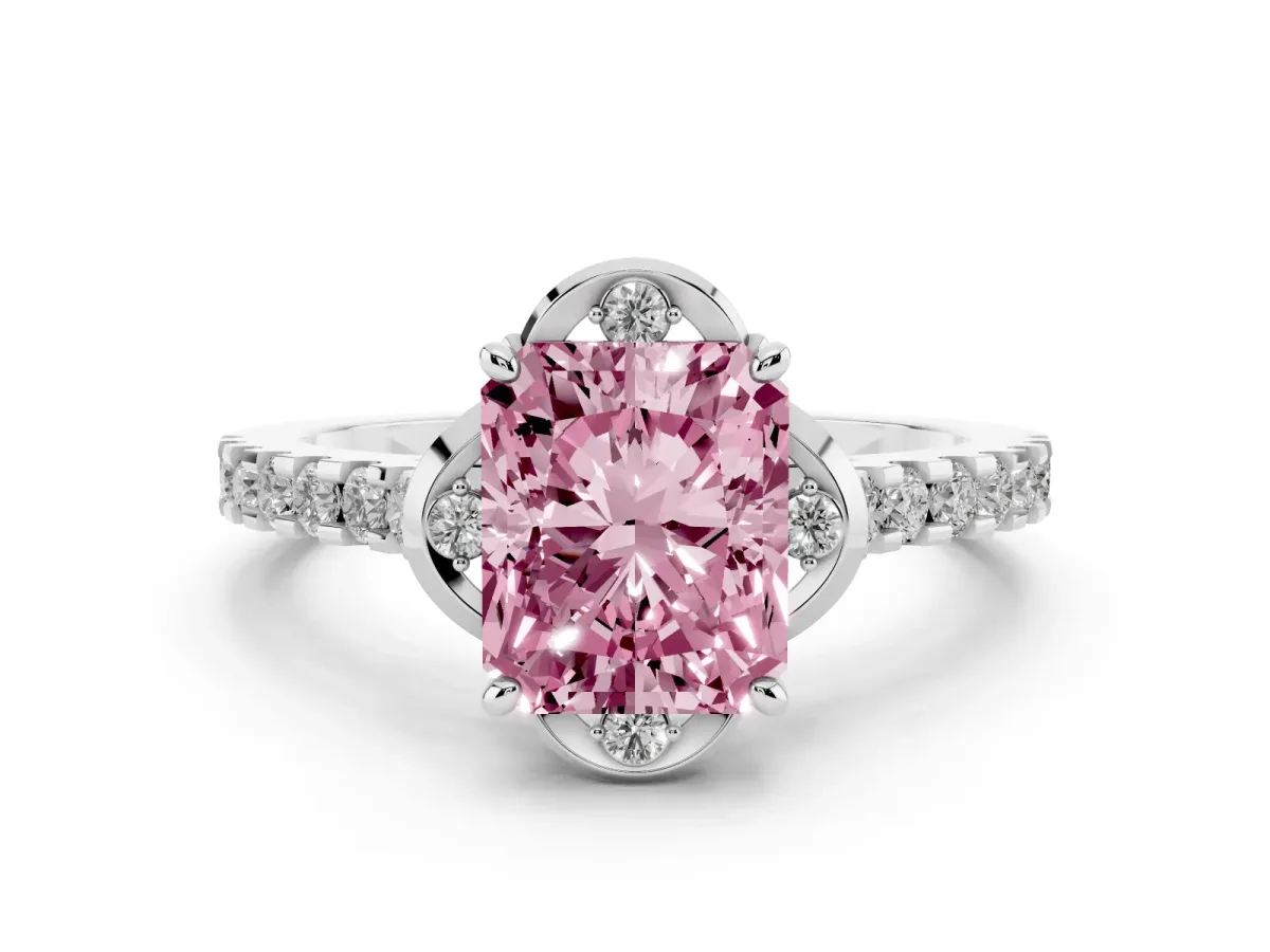 Fancy Pink Radiant Cut Diamond Solitaire Ring Set in Platinum with Pavé Band and Floral Prong Setting
