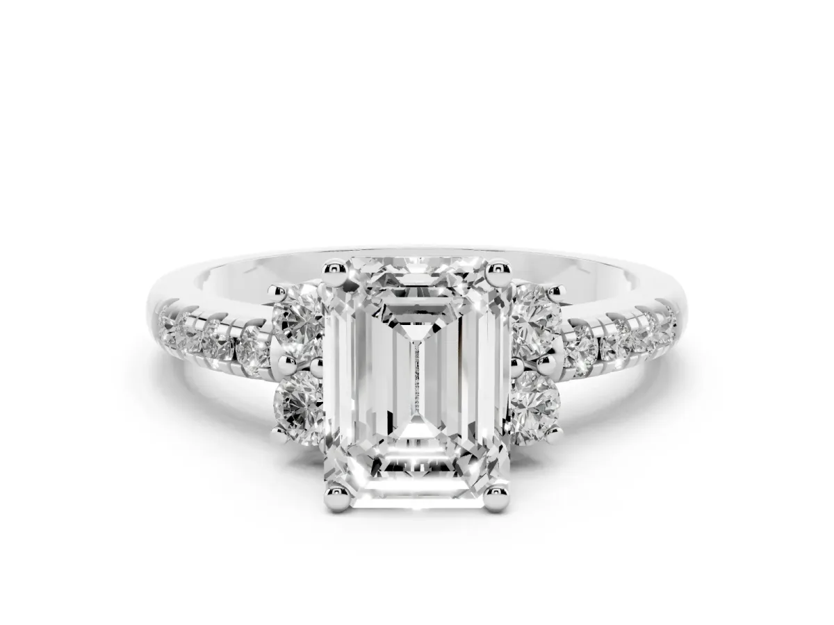 Emerald Cut Diamond Three-Stone Pavé Ring Set in Silver with Prong Setting