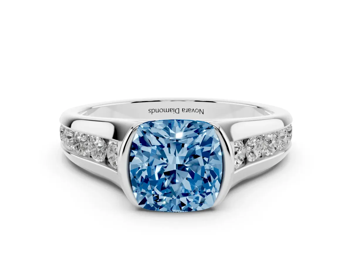 Fancy Blue Cushion Cut Diamond Bezel-Set Solitaire Ring Set in Silver with Channel-Set Band