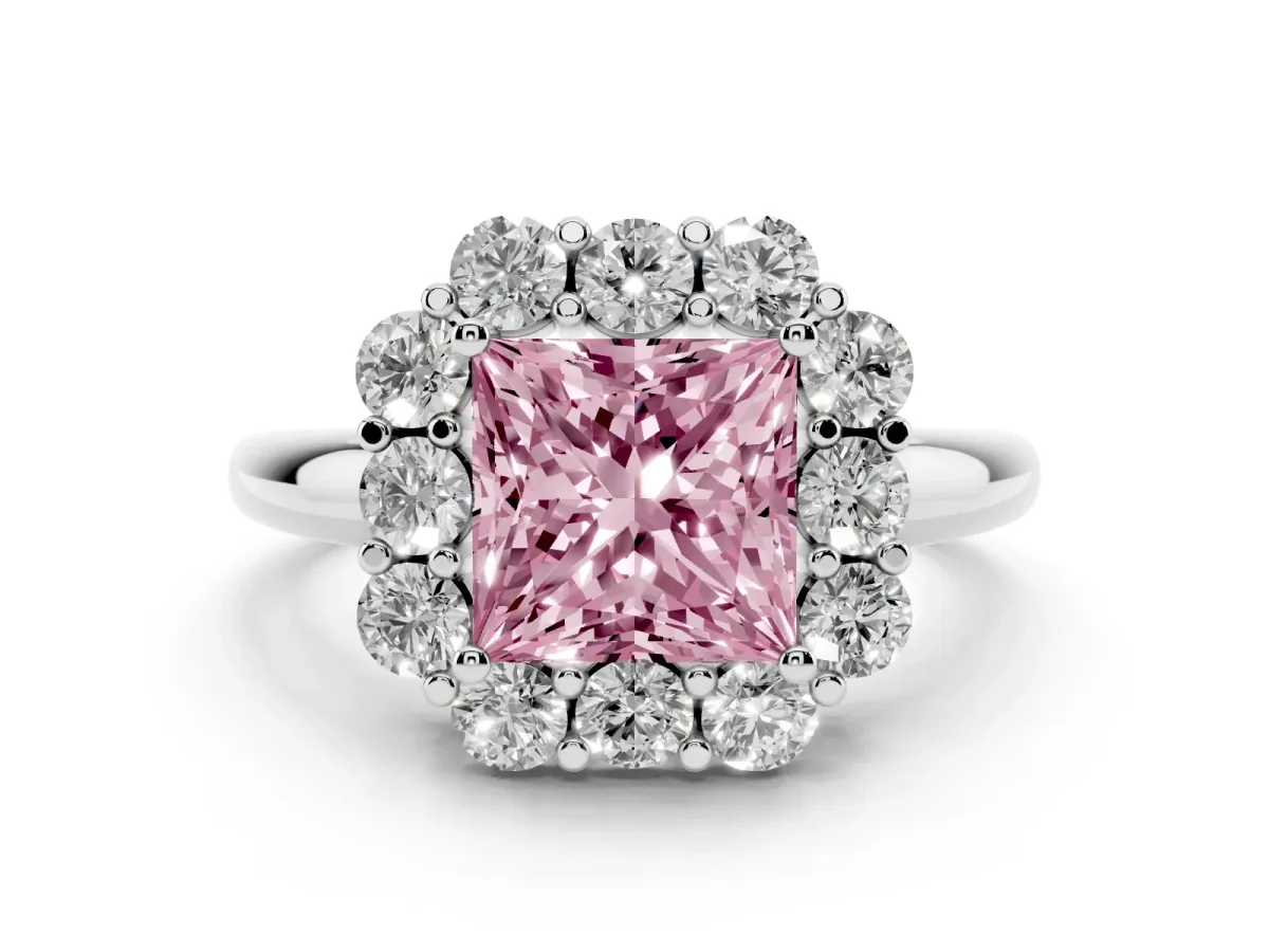 Fancy Pink Princess Cut Diamond Milgrain Halo Solitaire Ring Set in Silver with Bezel Set Side Stones and Pavé Band
