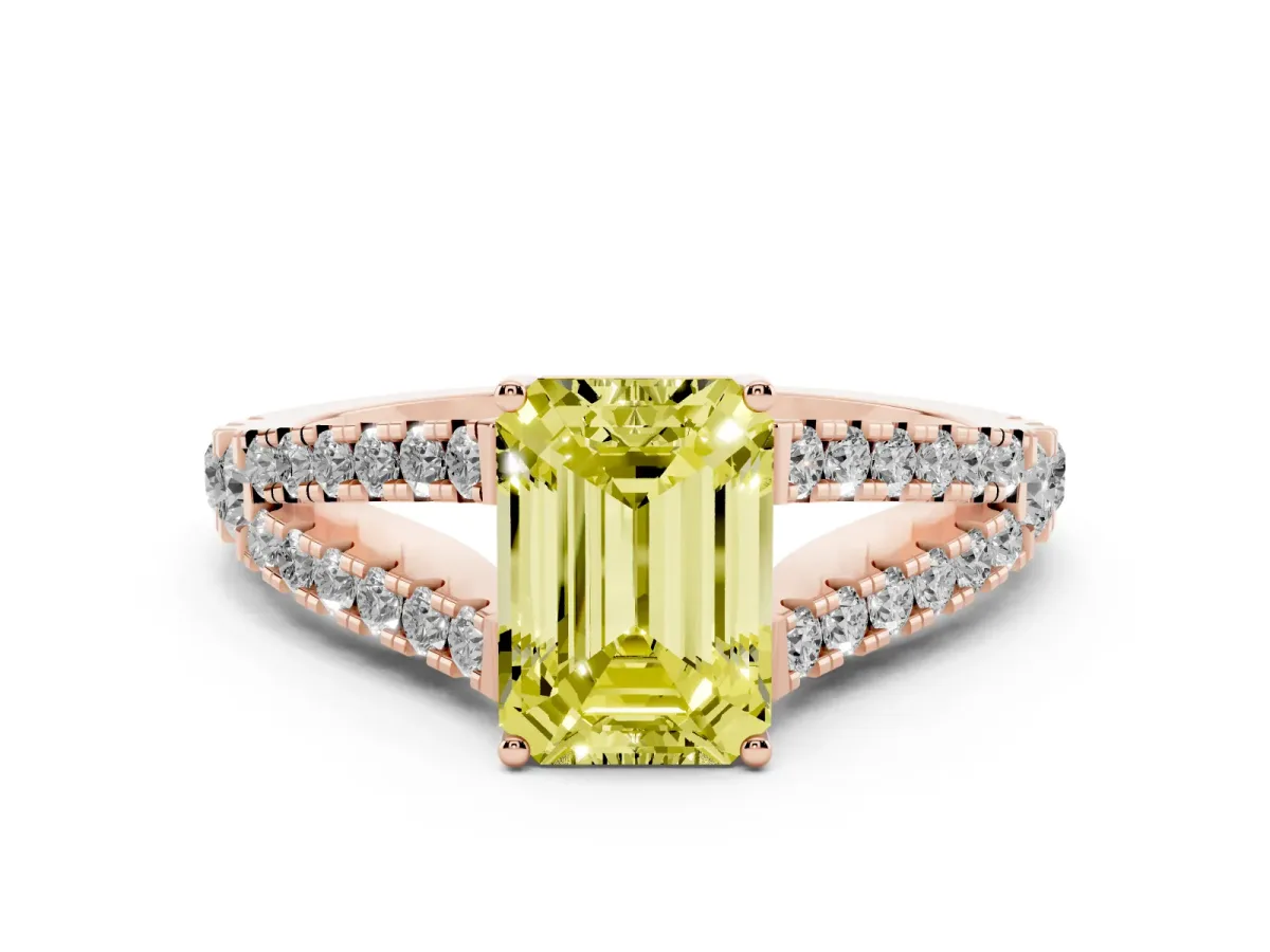 Fancy Yellow Emerald Cut Diamond Split Shank Pavé Engagement Ring Set in Rose gold with Prong-Held Center Stone