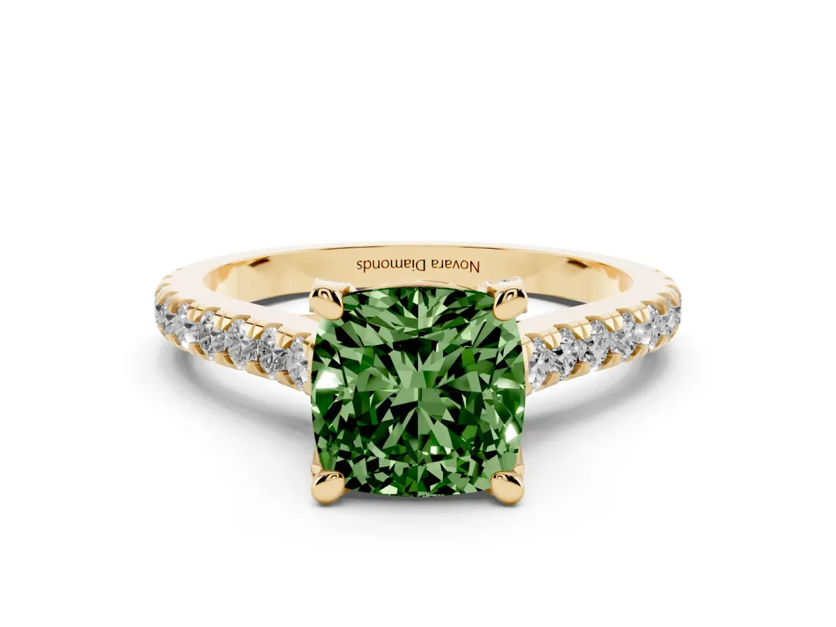 Fancy Green Cushion Cut Diamond Solitaire Ring Set in Yellow gold with Brilliant Pavé Band and Prong Setting
