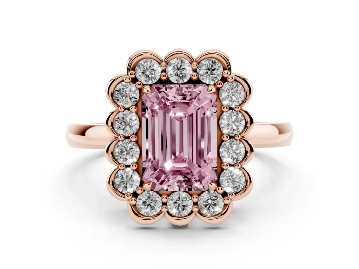 Fancy Pink Emerald Cut Diamond Halo Cluster Engagement Ring Set in Rose gold with Solitaire Band and Prong Setting