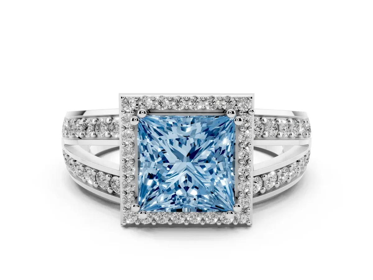 Fancy Blue Princess Cut Diamond Halo Ring Set in White gold with Double Pavé Split Shank