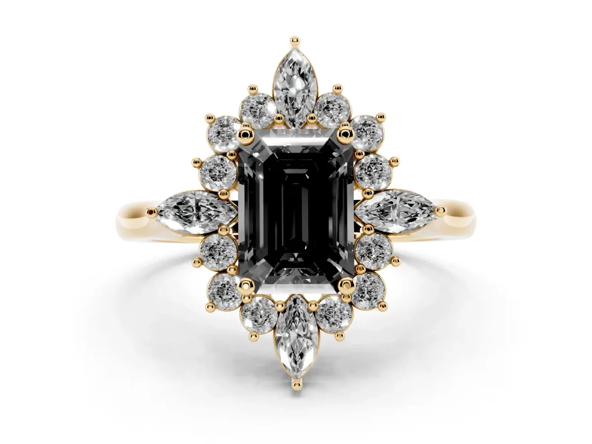 Fancy Black Emerald Cut Diamond Cluster Halo Ring Set in Yellow gold with Marquise and Round Accents