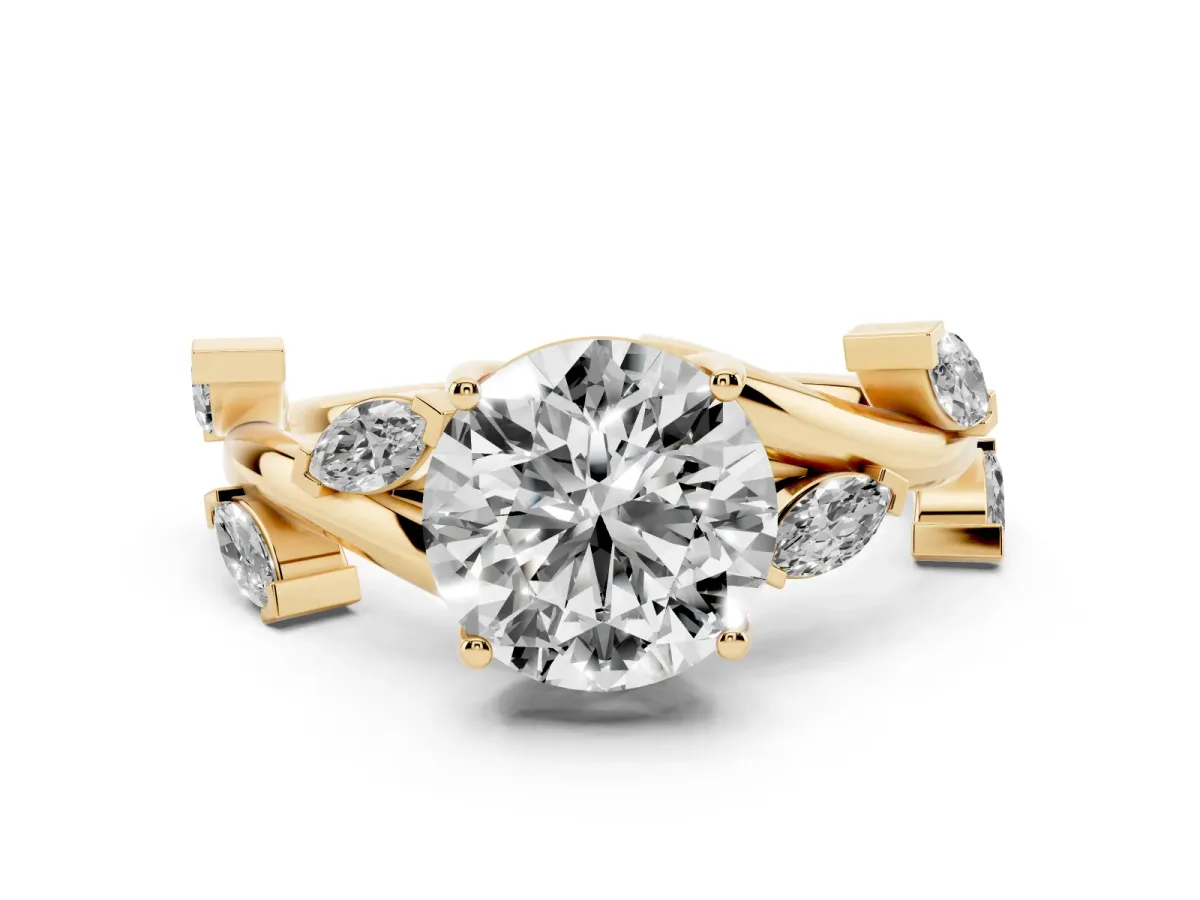 Round Cut Diamond Solitaire Ring Set in Yellow gold with Twisted Marquise Accent Band