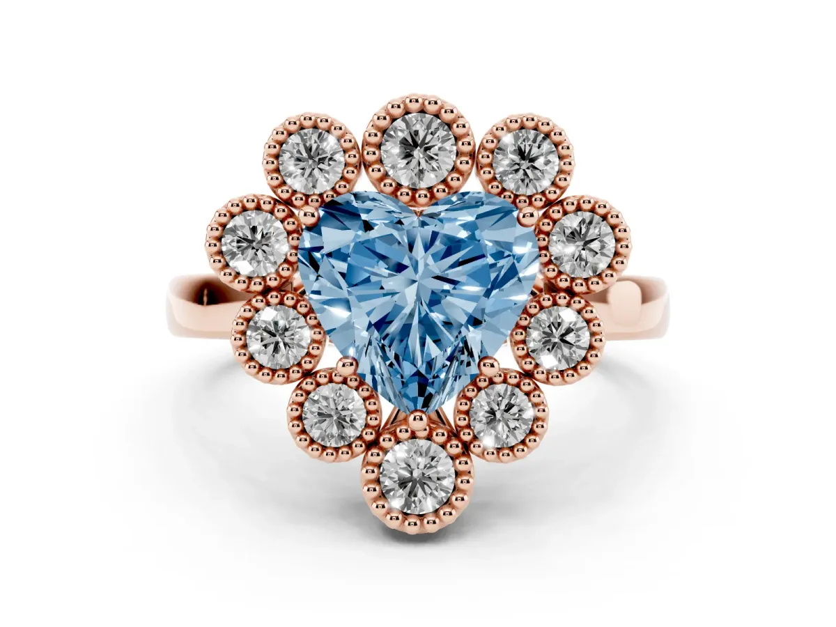 Fancy Blue Heart Cut Diamond Cluster Halo Ring Set in Rose gold with Milgrain Bezel Accents and Plain Band