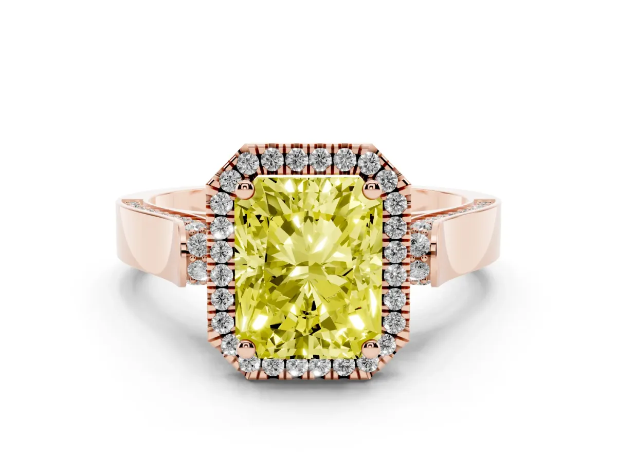 Fancy Yellow Radiant Cut Diamond Halo Ring Set in Rose gold with Pavé-Lined Split Shank Band