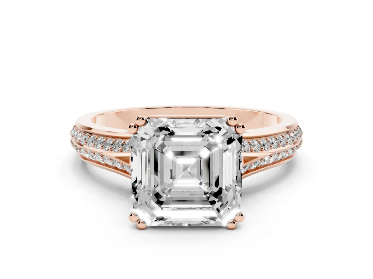 Asscher Cut Diamond Split Shank Pavé Engagement Ring Set in Rose gold with Prong-Set Center Stone