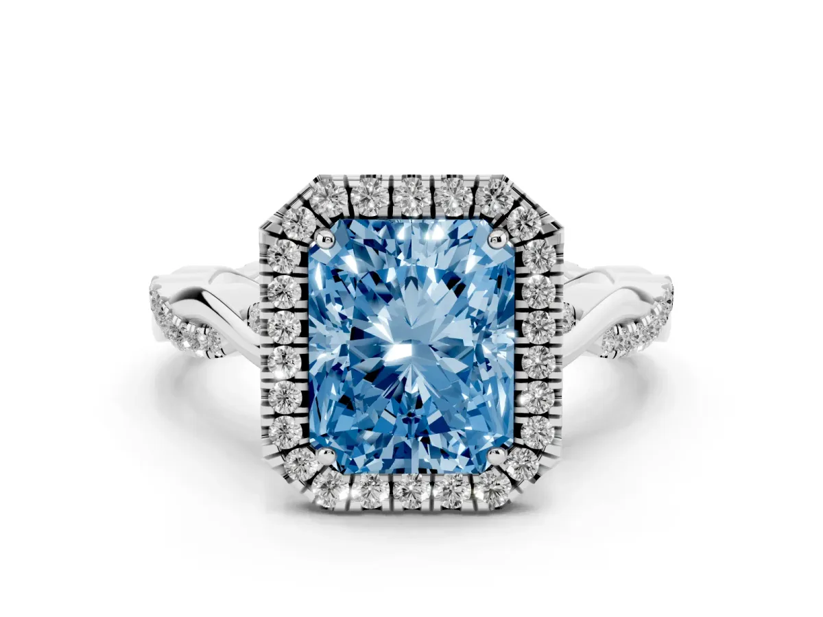 Fancy Blue Radiant Cut Diamond Halo Twist Band Solitaire Ring Set in Platinum with Prong Setting