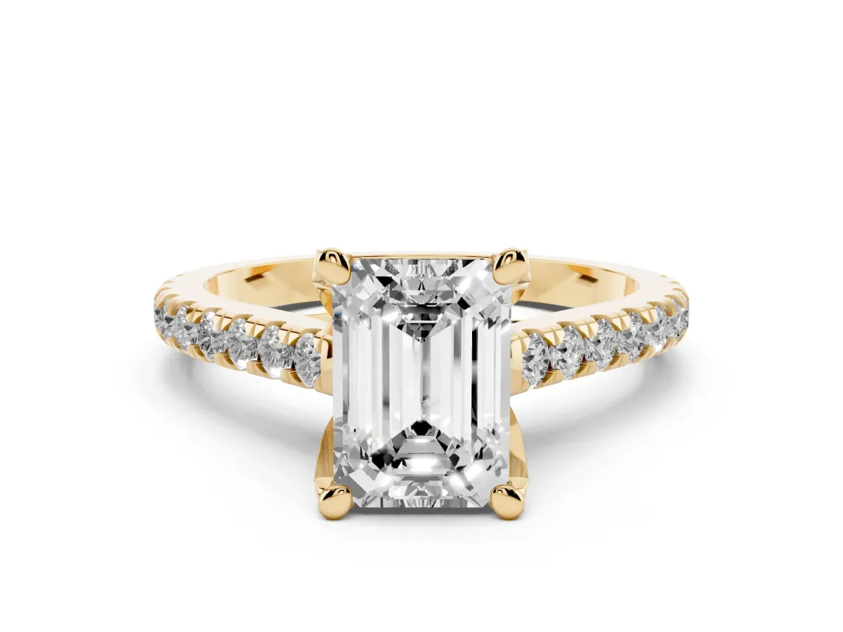 Emerald Cut Diamond Solitaire Ring Set in Yellow gold with Brilliant Pavé Band and Prong Setting