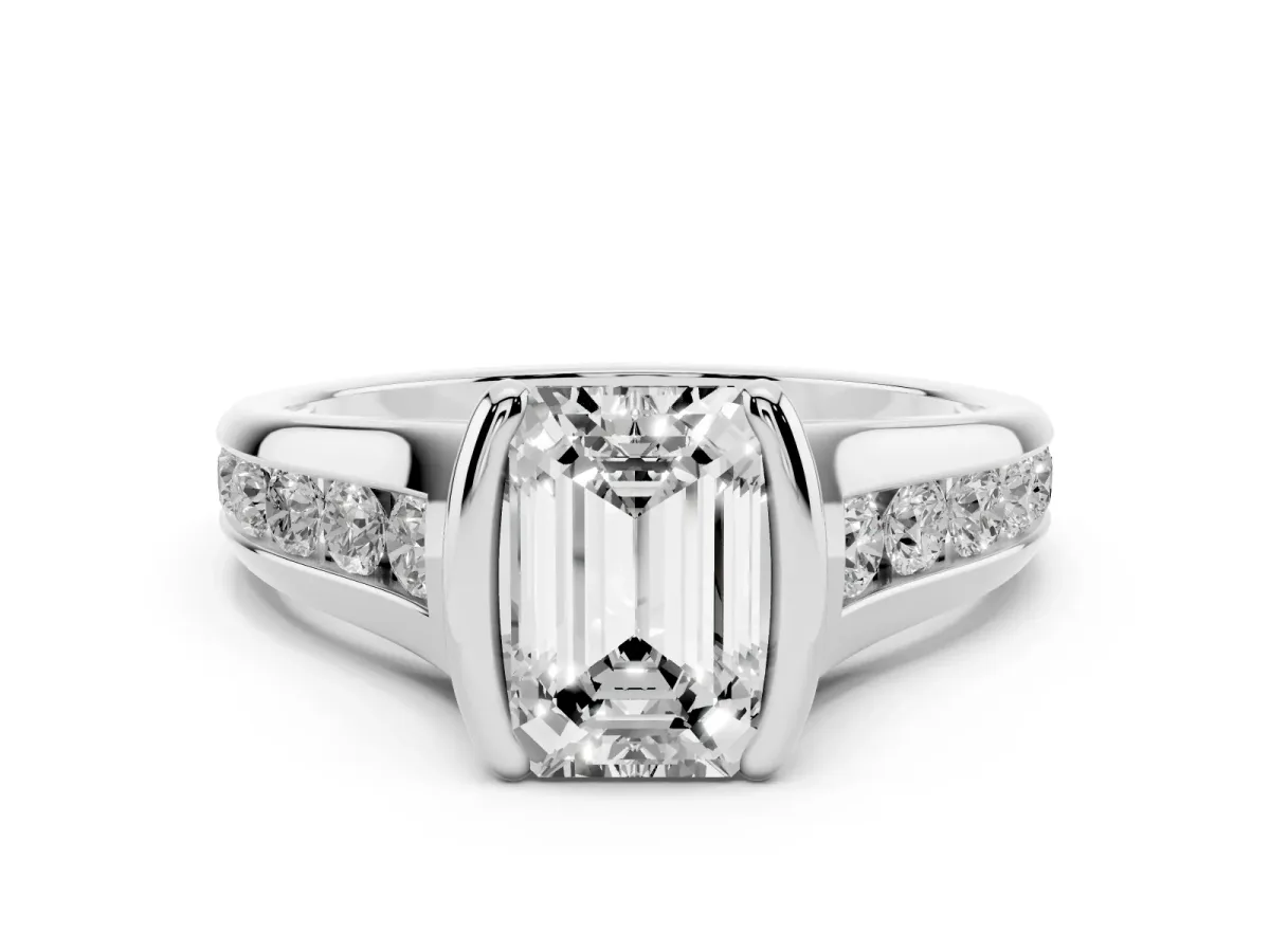 Emerald Cut Diamond Bezel-Set Solitaire Ring Set in Silver with Channel-Set Band