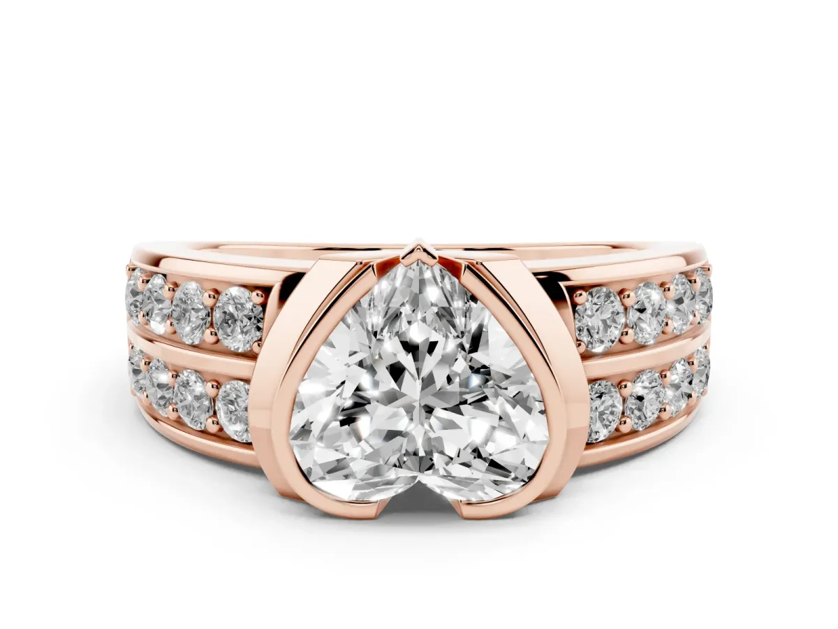Heart Cut Diamond Wide Channel Set Band Ring Set in Rose gold with Bezel Setting