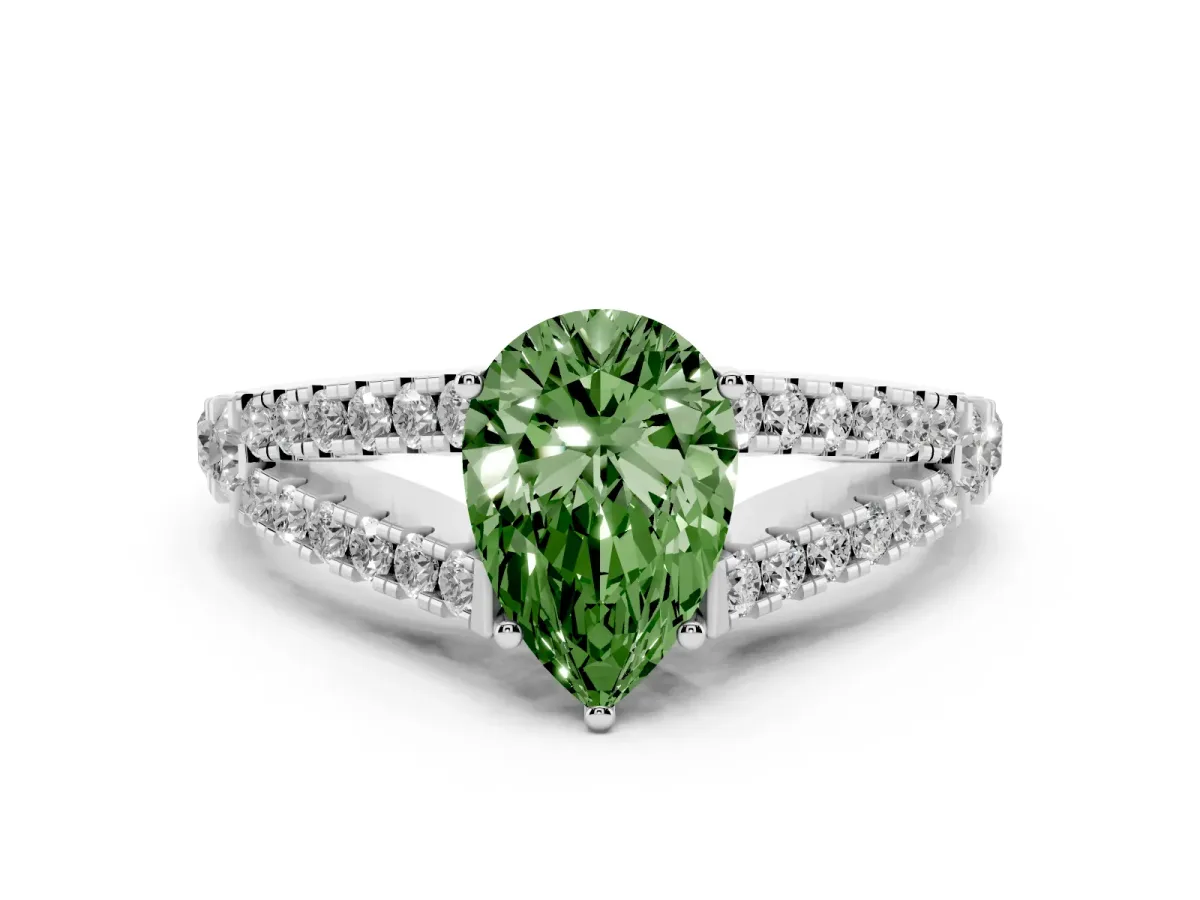 Fancy Green Pear Cut Diamond Split Shank Pavé Engagement Ring Set in White gold with Prong-Held Center Stone