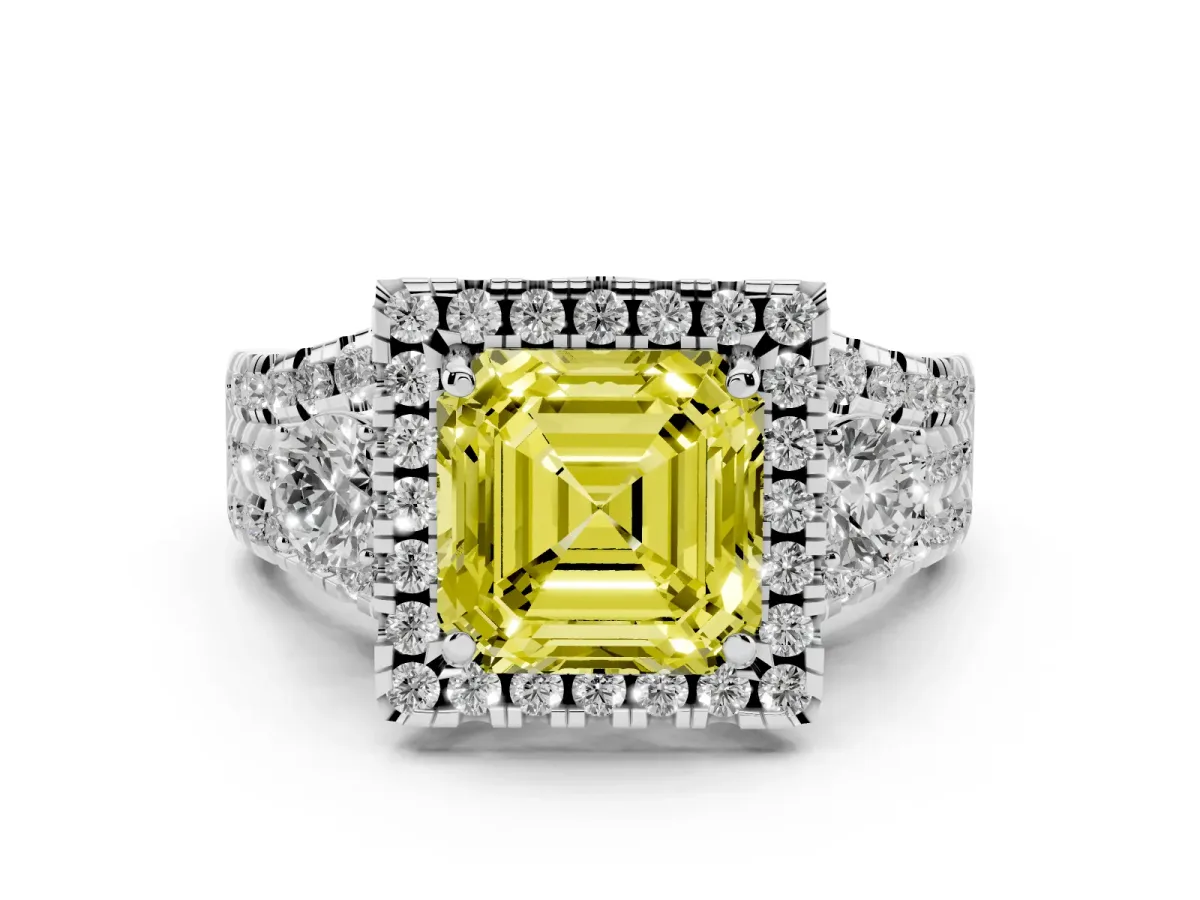 Fancy Yellow Asscher Cut Diamond Halo Split Shank Ring Set in White gold with Round Accent Stones and Prong Setting