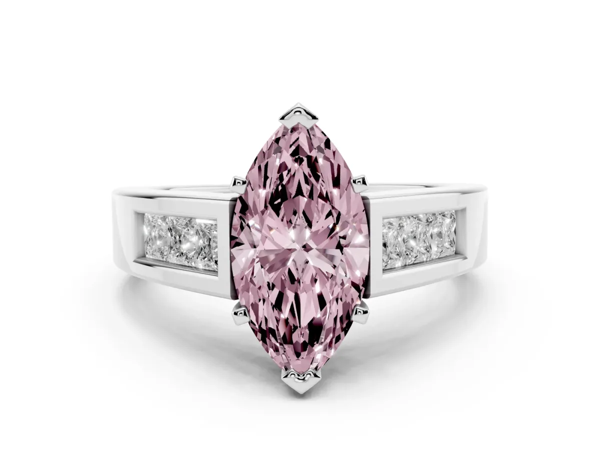 Fancy Pink Marquise Cut Diamond Solitaire Ring Set in Silver with Channel-Set Accent Stones and Prong Setting