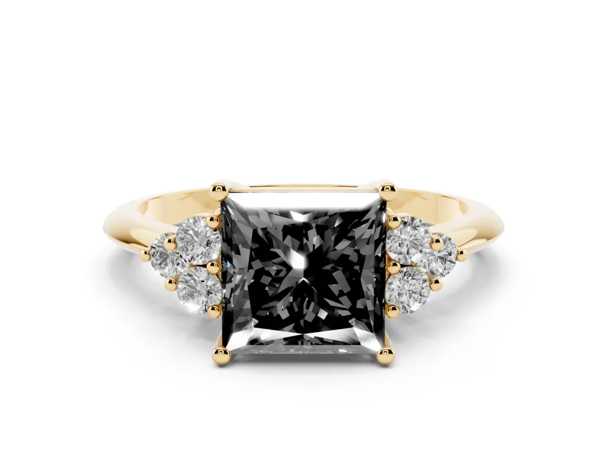 Fancy Black Princess Cut Diamond Cluster Ring Set in Yellow gold with Plain Band and Prong Setting